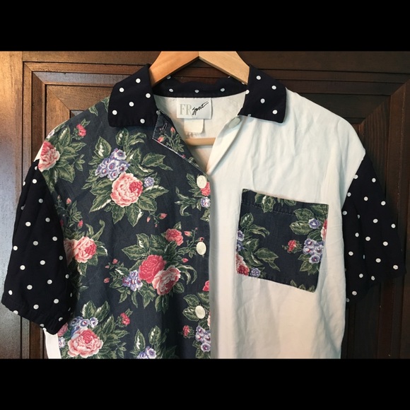 VINTAGE Floral Polka Dot Button Down T Shirt Boho - Picture 3 of 8